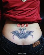 美女后腰翅膀纹身作品遮盖旧纹身图案由兵哥打造