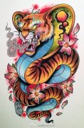 一款很酷时尚的虎头蛇纹身图案