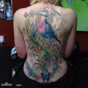 美女满背小鸟花纹身图案