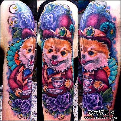 分享一款大臂彩色小狗纹身作品