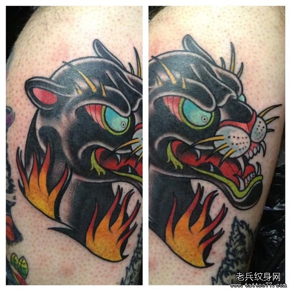 大臂上一款霸气的欧美黑豹纹身图案