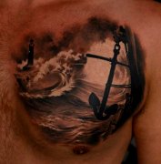 分享一款胸口写实是船锚纹身图案