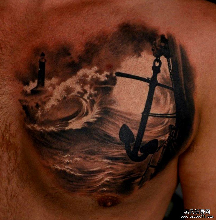 分享一款胸口写实是船锚纹身图案