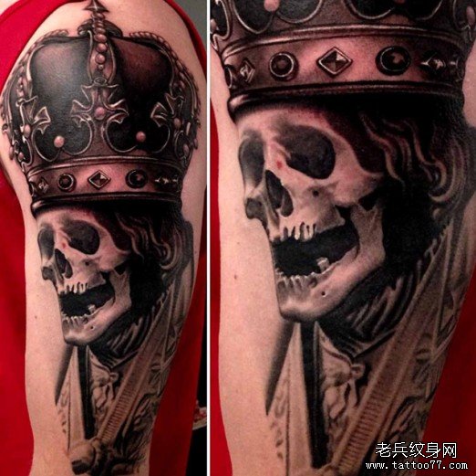 为大家分享大臂上一款骷髅皇冠纹身图案