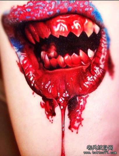 分享一款恐怖滴血嘴唇纹身作品