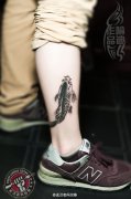 小腿水墨鲤鱼纹身作品一个月后恢复效果