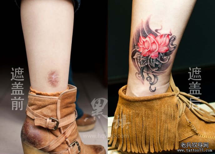 脚踝疤痕遮盖莲花纹身图案由武汉纹身网提供