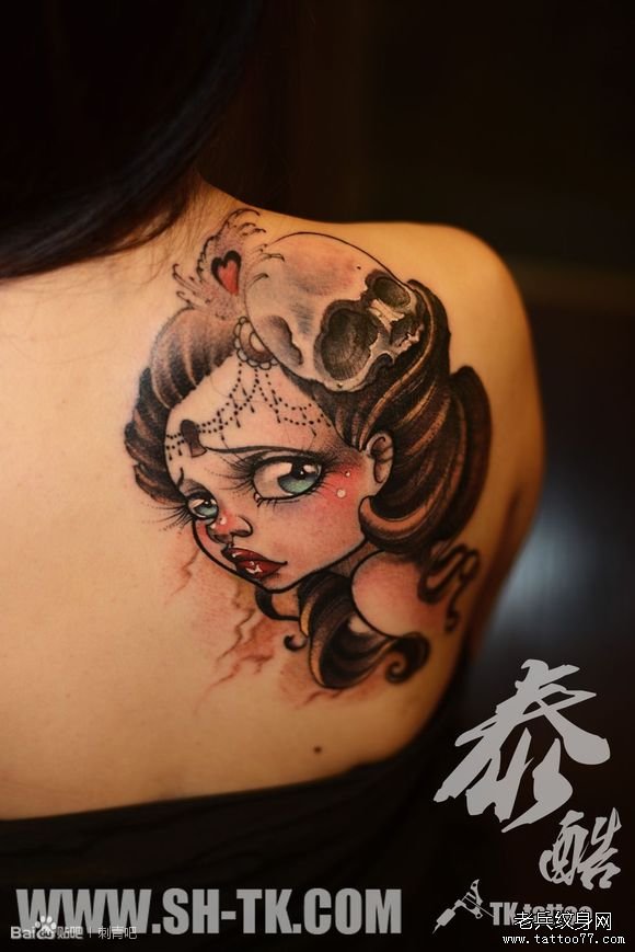 背部艺妓骷髅纹身图案