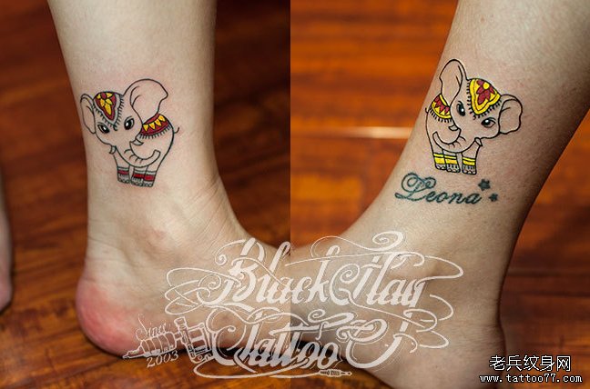 一款个性情侣卡通小象纹身图案有武汉最好的tattoo店推荐