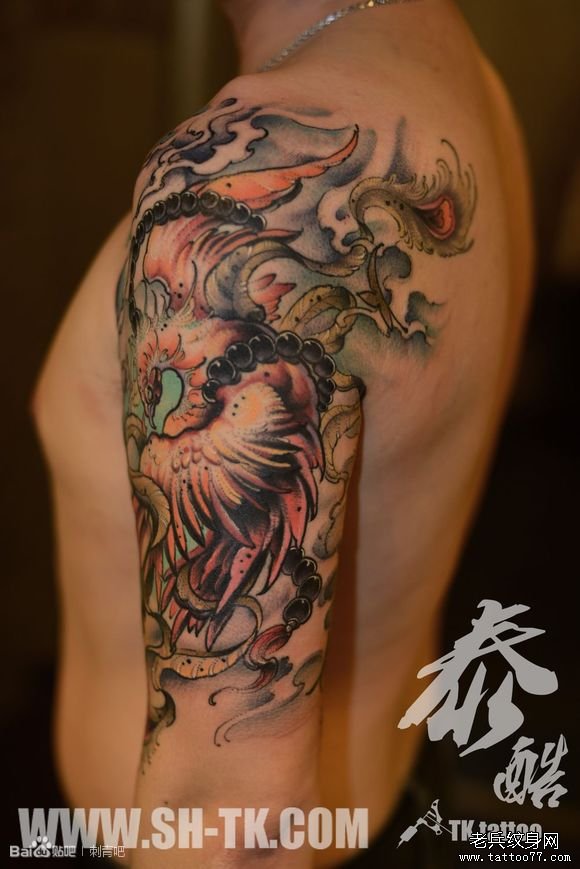男人胳膊凤凰佛珠（三）纹身图案