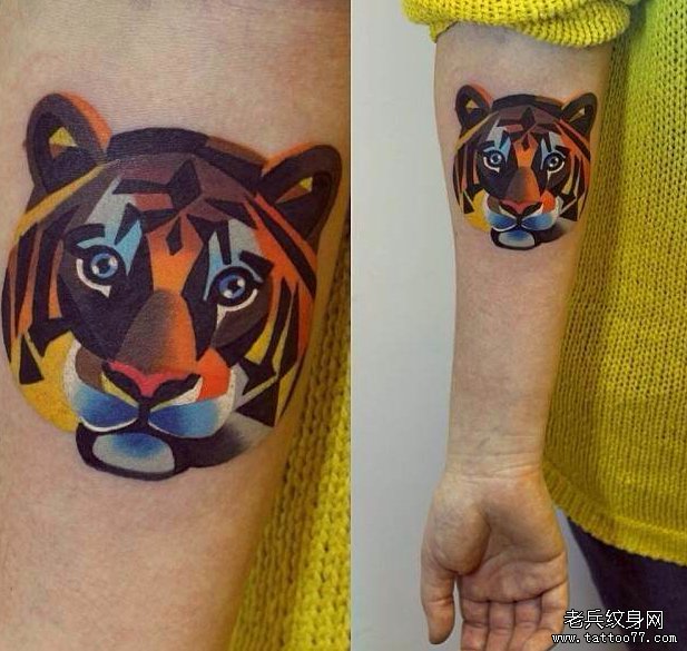 武汉最好的纹身店推荐一款胳膊彩色老虎tattoo图案