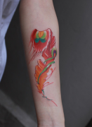 武汉纹身店推荐一款手臂彩色羽毛纹身图案