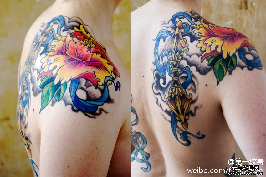 一款彩色肩背法器牡丹纹身图案由武汉纹身店推荐