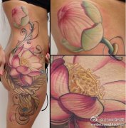 武汉纹身店推荐一款女性腰部彩色莲花纹身图案