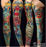 school风格的纹身花臂图案由武汉最好的刺青店推荐