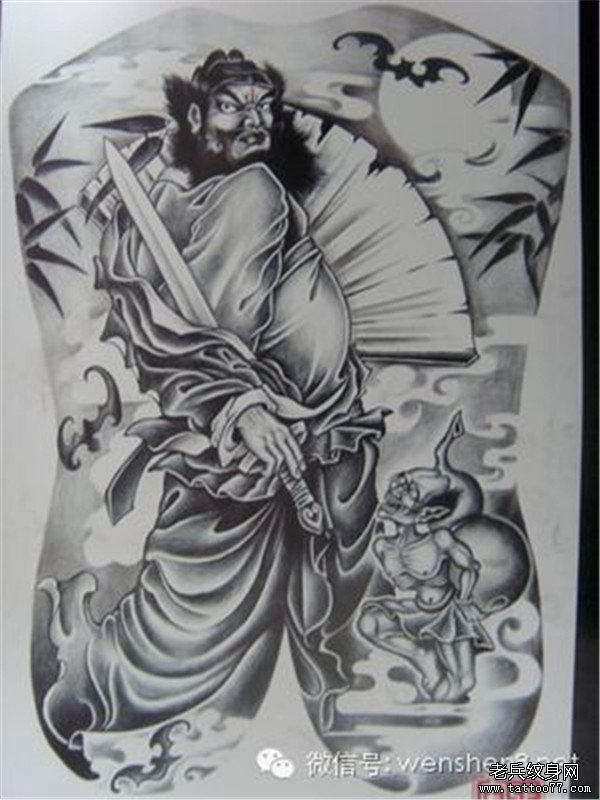 黑白满背钟馗纹身手稿图案由武汉最好的纹身店推荐