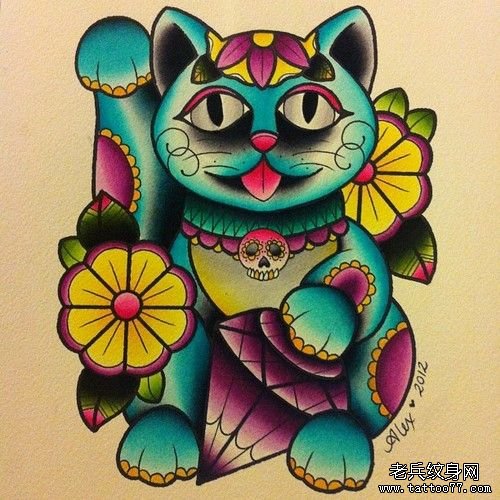 彩色招财猫纹身图案由武汉纹身店推荐