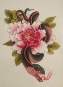 牡丹花蛇纹身手稿图案由武汉最好的刺青店推荐