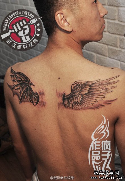 后背立体恶魔天使翅膀纹身作品及意义