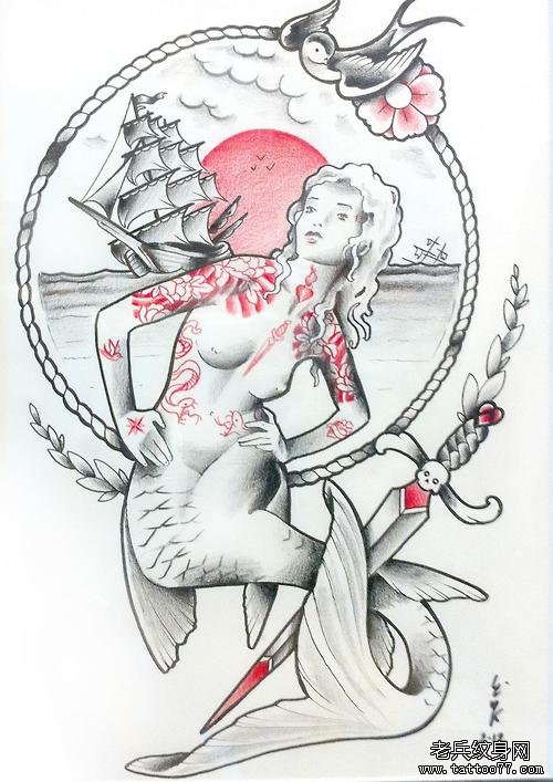 武汉最好的纹身店推荐一款美人鱼纹身手稿图案