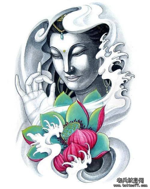 武汉纹身店推荐一款观音莲花纹身手稿图案