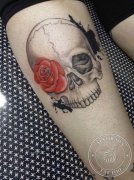腿部骷髅头玫瑰花纹身图案由武汉纹身店推荐