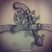 玫瑰花手枪纹身手稿图案由武汉刺青店推荐