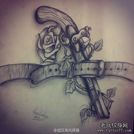 玫瑰花手枪纹身手稿图案由武汉纹身店推荐