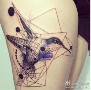 腿部彩色概念蜂鸟纹身图案由刺青店推荐