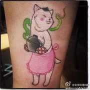 一款腿部日本喵纹身图案由武汉纹身馆推荐