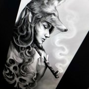 武汉纹身店推荐一款狼女纹身手稿图案