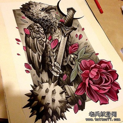 彩色鹦鹉花纹身手稿图案由武汉纹身店推荐