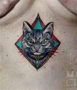 胸部彩色猫咪纹身图案由武汉纹身店推荐