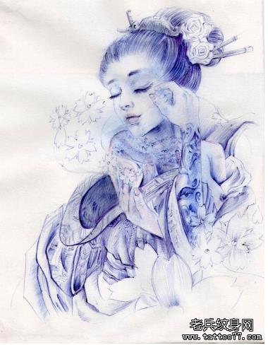 武汉最好的纹身店推荐一款艺妓纹身手稿图案