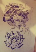 武汉最好的纹身店推荐一款黑灰艺妓纹身手稿图案