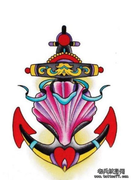 彩色船锚纹身手稿图案由武汉纹身店推荐