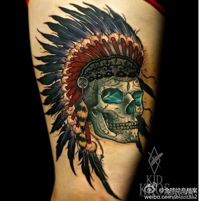 腿部印第安骷髅纹身图案由武汉最好的纹身店推荐