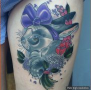 武汉纹身店推荐一款女性腿部兔子纹身图案