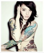 花臂孔雀tattoogirl纹身图案由武汉纹身馆推荐