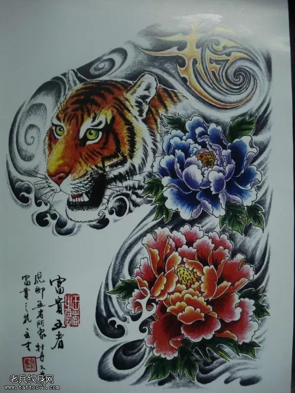 彩色老虎牡丹纹身手稿图案