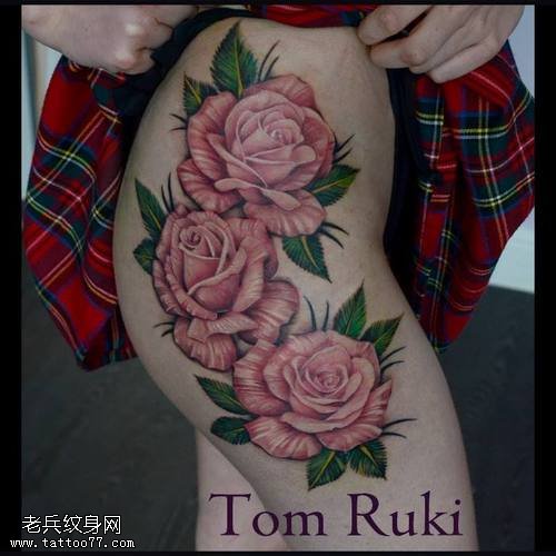 腿部玫瑰花纹身图案