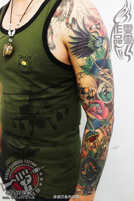 武汉专业女纹身师制作的school花臂纹身作品