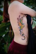 女性侧腰彩色蜂鸟纹身图片