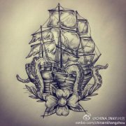 帆船章鱼花纹身图片由武汉纹身店提供