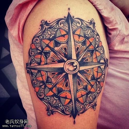 女性手臂彩色梵花指南针纹身图案