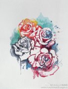 水彩风格玫瑰花纹身图案