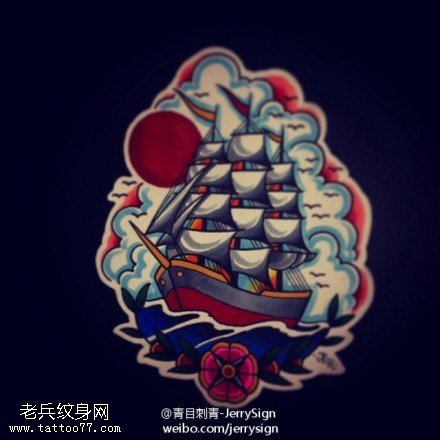 彩色帆船纹身手稿图案