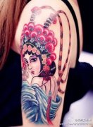 武汉刺青店推荐一款手臂彩色花旦纹身图案