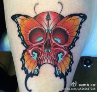 腿部蝴蝶骷髅纹身图案由纹身馆提供