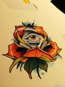 武汉纹身提供一款彩色玫瑰花眼睛纹身图案
